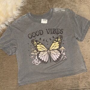 Gray Graphic Tee with Butterfly Design